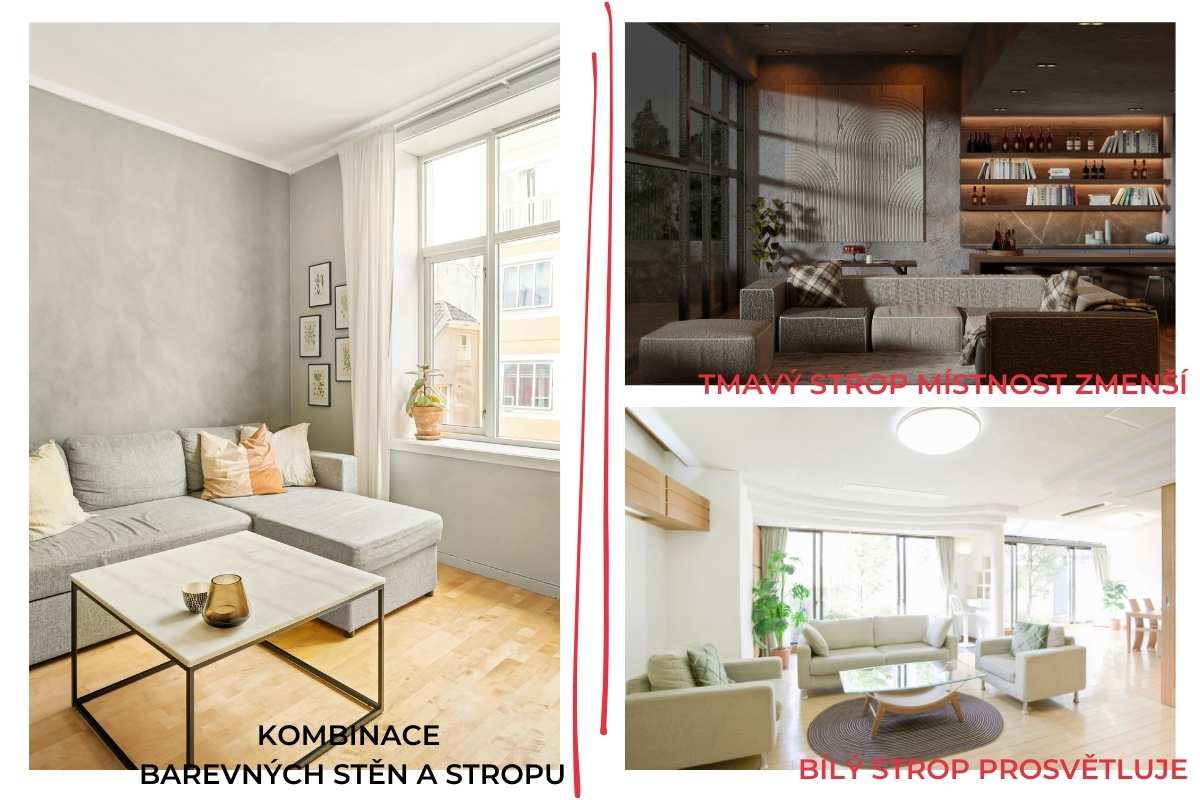 Jak vypadá prostor s tmavým a světlým stropem.